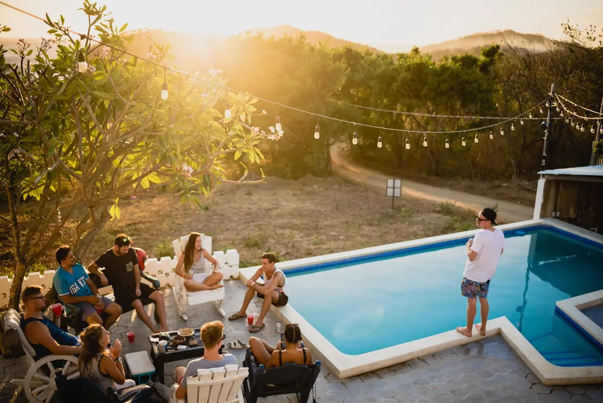 A pool party at golden hour
